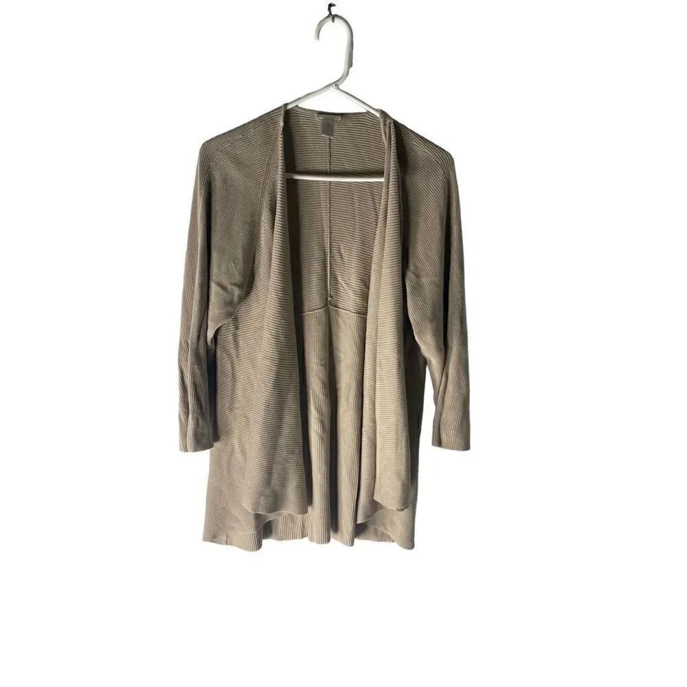 Chico’s Neutral Ribbed Knit Open Front Waterfall Longline Cardigan Sweater